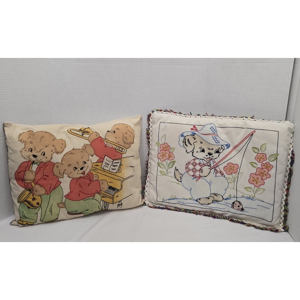 Lot/2 Vtg Teddy Bear Nursery Pillows Hand-Stitched Embroidery Retro Cottagecore
